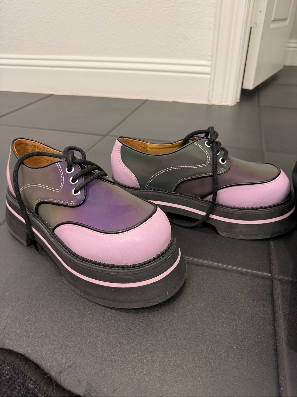 John Fluevog Purple and Blue Iridescent Platform Oxfords - Picture 6 of 9